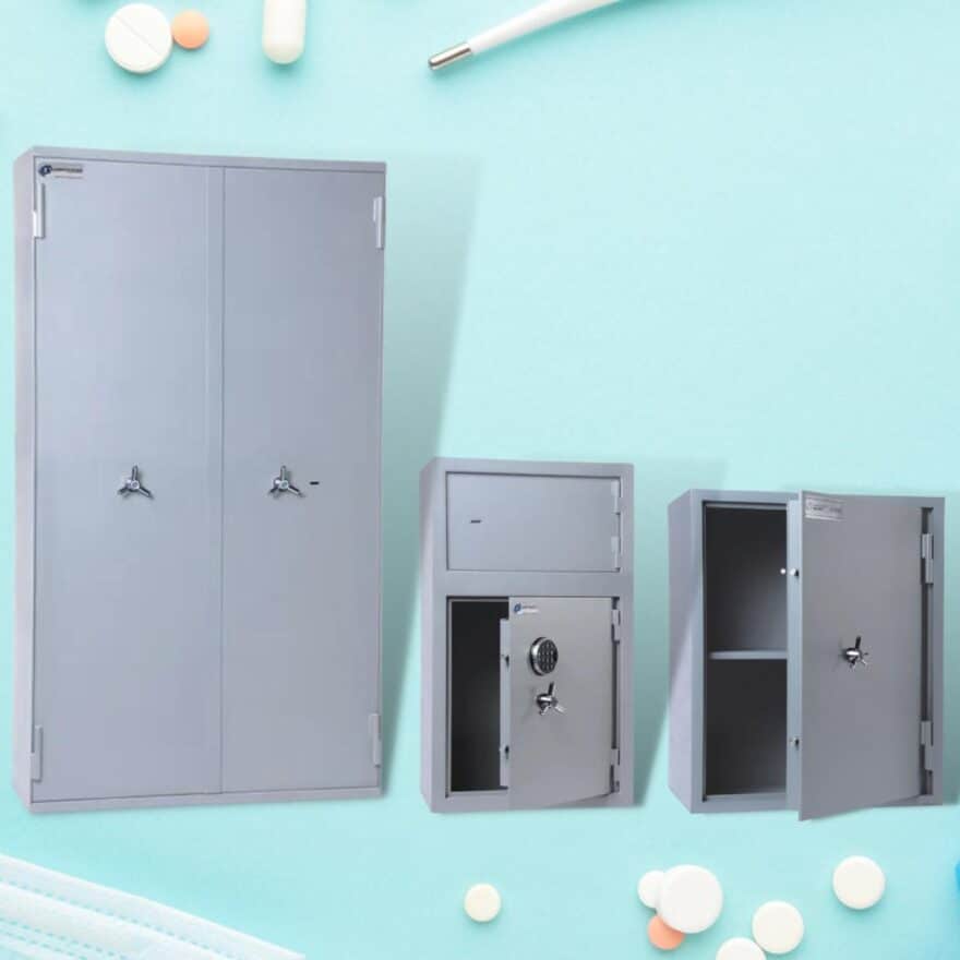 image controlled drug and medicine cabinets with some medicines and drugs